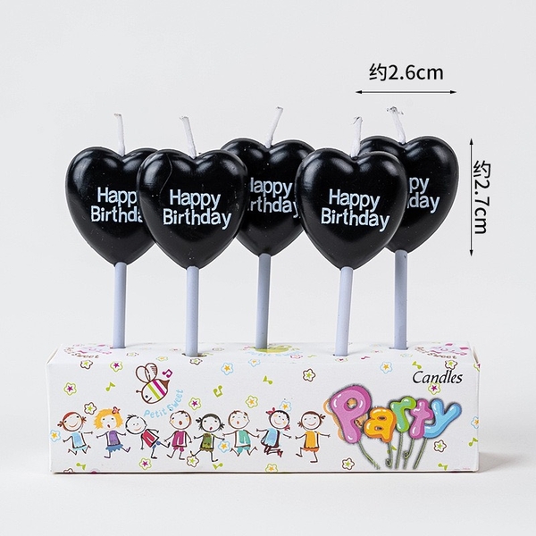 Vỉ 5 cây nến trái tim ĐEN chữ HPBD trắng5685.