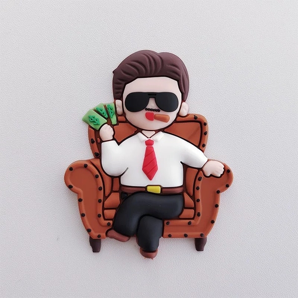 Tượng nhựa dẻo - sếp (boss) đeo kính đen ngồi vắt chân trên ghế màu nâu.