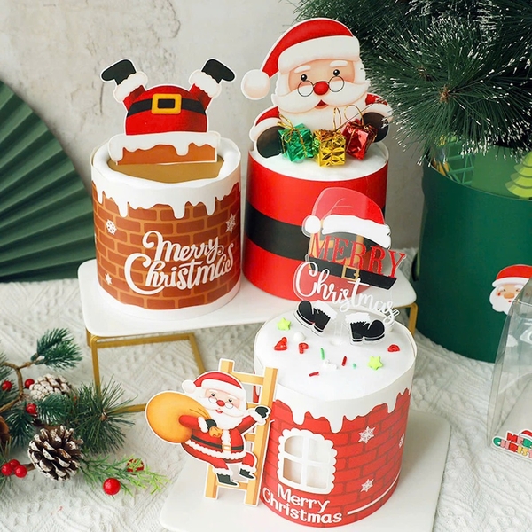 Set 10 thành bánh giấy chủ đề NOEL 10cmx55cm - họa tiết bức tường, chữ X-Mas trắng và sticker giấy ông già noel chui ống khói.