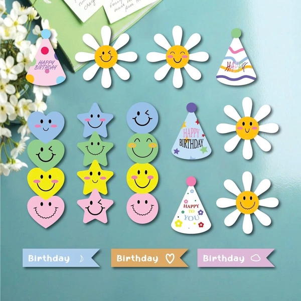 Combo 2 set giấy - mix chi tiết (hoa, tim, ngôi sao, mũ, chữ HPBD).