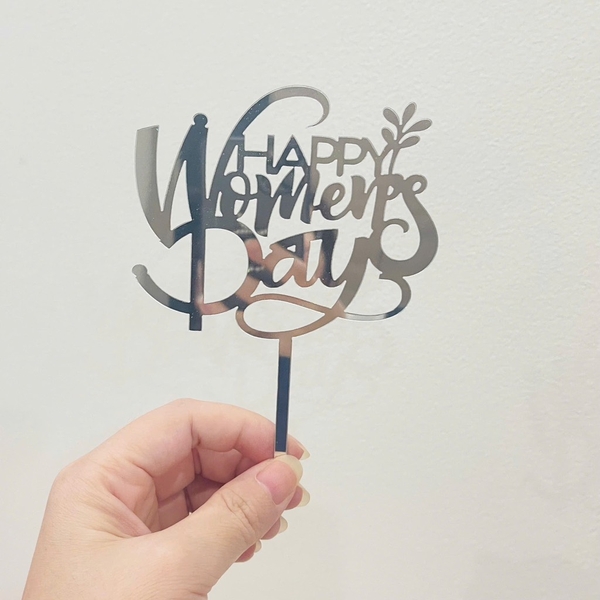Set 10 mica Happy women's day gắn cành lá ở cuối-BẠC.