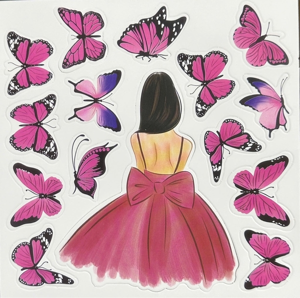 10 set giấy -  cô gái váy hồng đậm và bướm giấy hồng đậm.