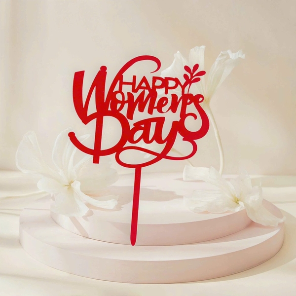 Set 10 mica Happy women's day gắn cành lá ở cuối-ĐỎ.