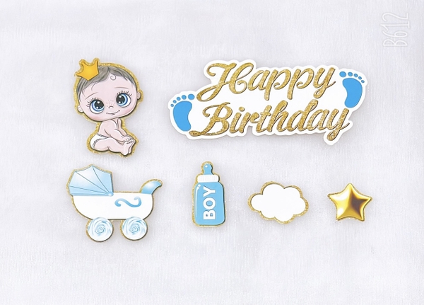 Combo 2 Set giấy em bé xe nôi + chữ HPBD bàn chân-XANH.