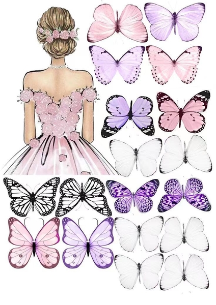 10 set giấy -  cô gái váy hồng nhạt và bướm giấy mix hồng tím trắng đen.