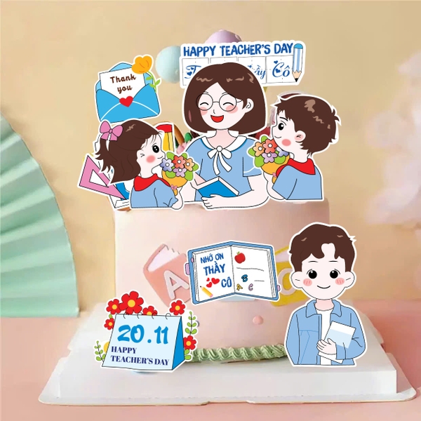 Combo 2 set giấy 20-11: Thầy cô giáo áo màu xanh dương và học sinh (mẫu 5)9111.