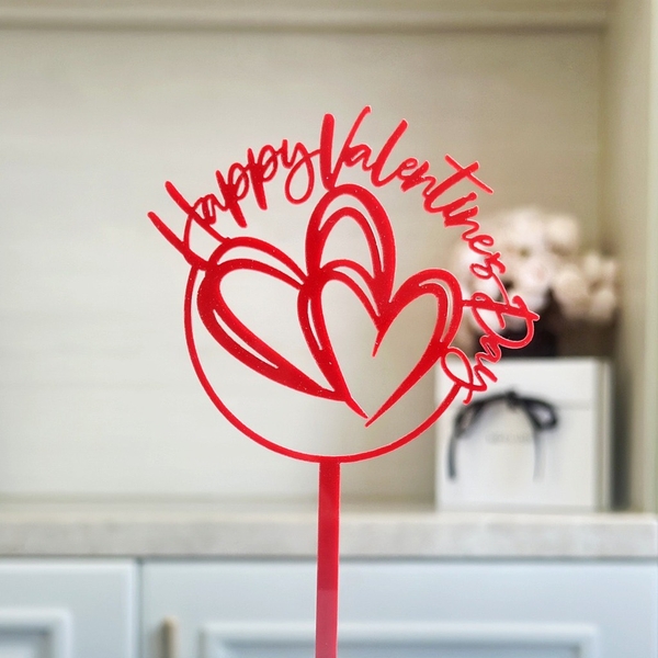 Set 10 mica Happy Valentine HÌNH tròn trái tim giữa -MÀU ĐỎ.
