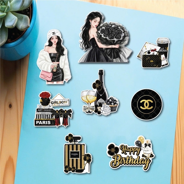 Combo 2 set giấy - cô gái ôm bó hoa đen và HPBD chùm bóng.