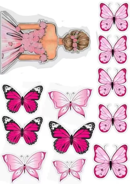 10 set giấy -  cô gái váy hồng nhạt và bướm giấy mix hồng nhạt, hồng đậm.