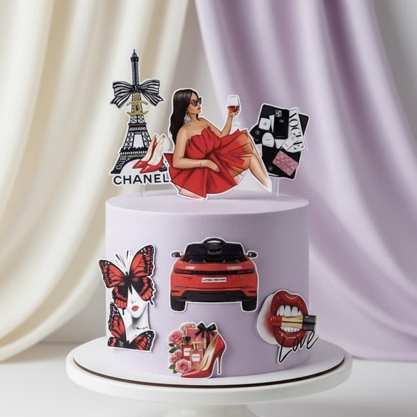 Combo 2 set giấy - cô gái màu đỏ, tháp pari, ô tô đỏ.