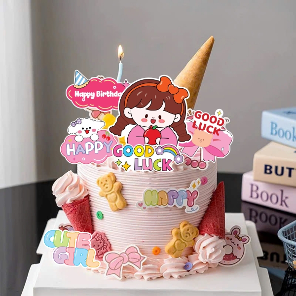 Combo 2 set giấy - bé GÁI áo hồng cài nơ đỏ cầm quả táo + nơ hồng good lucky.