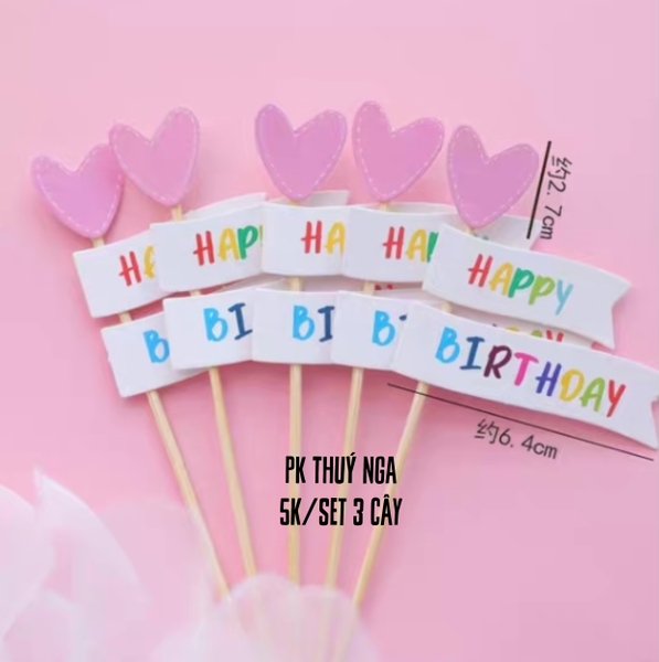 CAM-Set 3 cây cắm HPBD tim hồng. F82