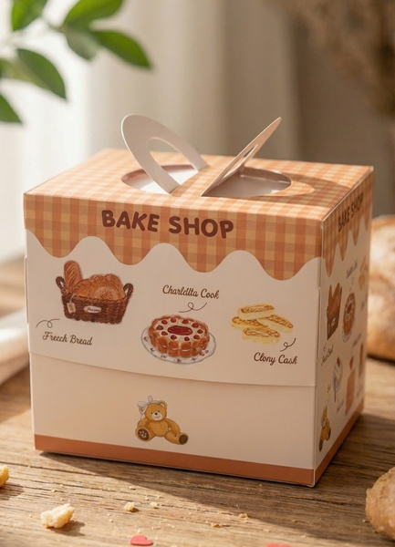 Set 50 hộp giấy cửa sổ- BAKE SHOP hình bánh kem, bánh mỳ 16x16x15cm (KÈM ĐẾ).
