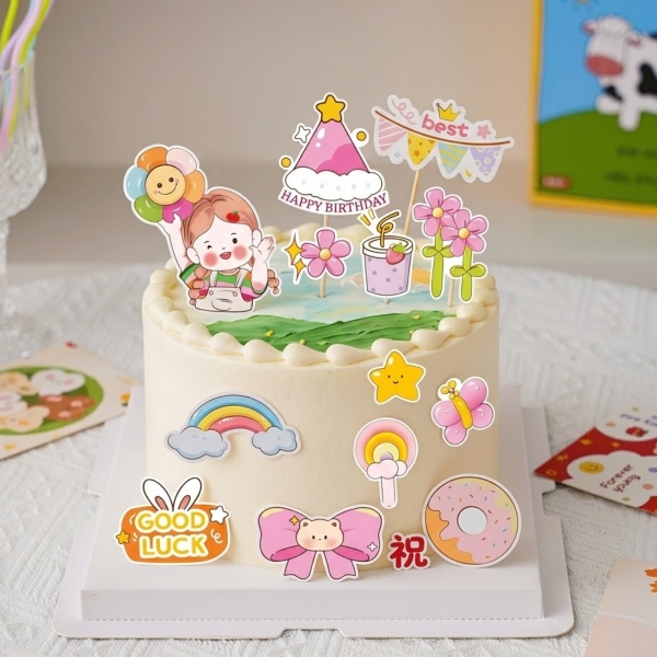 Combo 2 set giấy- bé gái áo cầu vồng, hoa và kẹo mút.