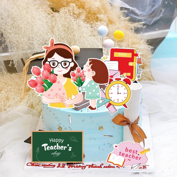 Combo 2 set giấy 20-11: cô giáo và học sinh (mẫu 3 - cô giáo đeo kính áo vàng).
