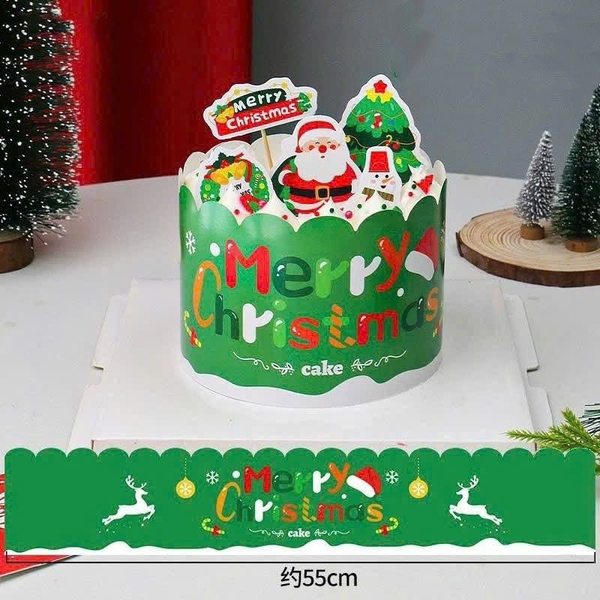 Set 10 thành bánh giấy chủ đề NOEL 10cmx55cm - màu xanh lá (tuần lộc trắng và chữ Merry chrismas sắc màu).