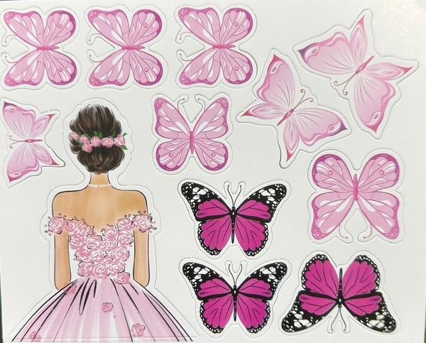 10 set giấy -  cô gái váy hồng nhạt và bướm giấy mix hồng nhạt, hồng đậm.
