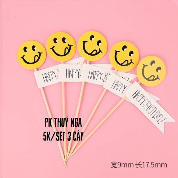 CAM-Set 3 cây cắm HPBD mặt cười.