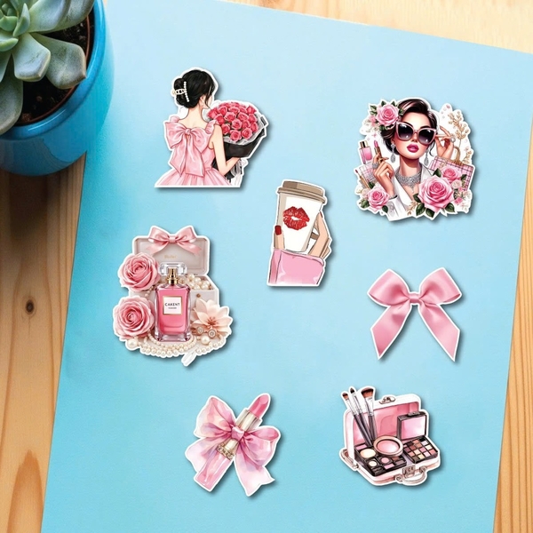 Combo 2 set giấy - cô gái màu hồng, nơ hồng, bộ trang điểm.
