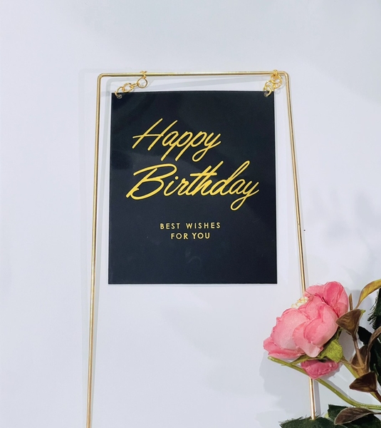 Mica HPBD hình chữ nhật - nền đen chữ vàng.