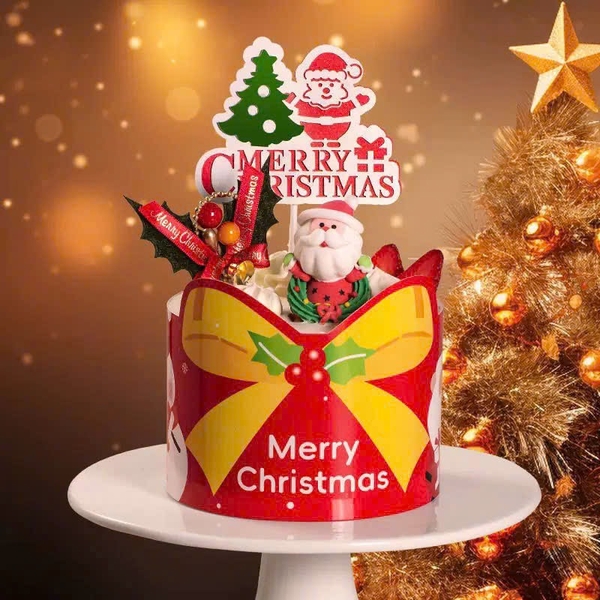 Set 10 thành bánh giấy chủ đề NOEL 10cmx55cm - màu đỏ có thắt nơ vàng.