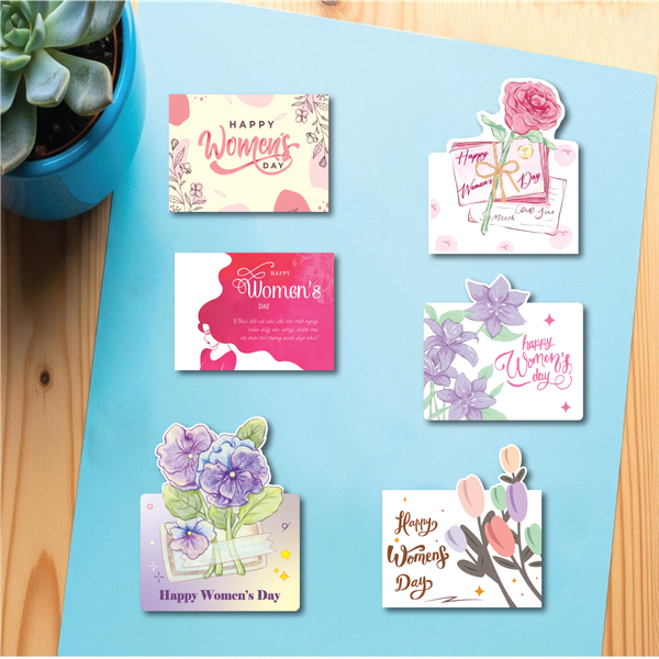 Set 60 thiệp giấy Happy women's day mix 6 mẫu-hình chữ nhật kt 8.5cm x6.3cm.
