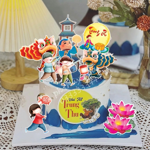 Combo 2 set giấy trung thu  - rước đèn (hằng nga và và bánh trung thu, 2 đầu lân xanh đỏ).
