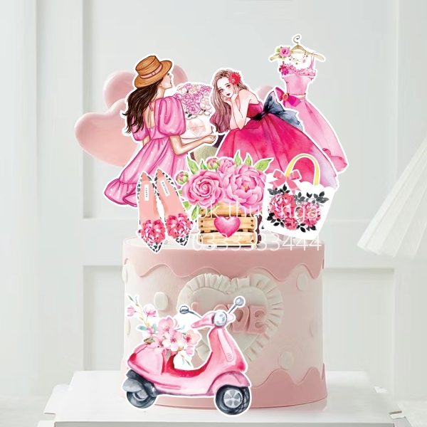 Combo 2 set giấy-cô gái váy hồng, hoa, xe máy hồng.