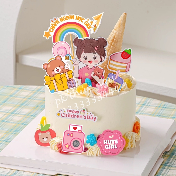 Combo 2 set giấy - bé gái áo hồng búi tóc 2 bên (ôm gấu).