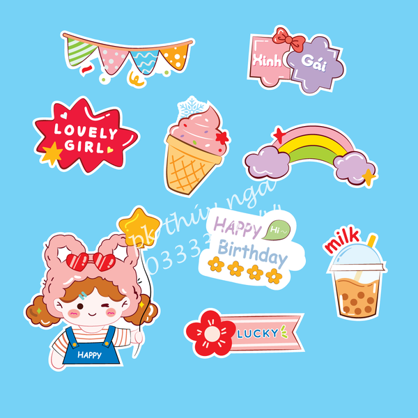 Combo 2 set giấy - Bé Gái cầm chùm bóng + cốc sữa + lovely girl.