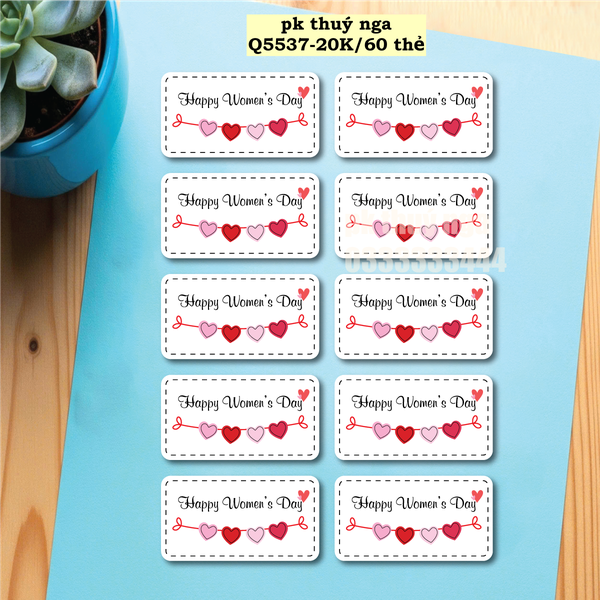 Set 60 thẻ giấy  trắng Happy women's day và dây trái tim (HÌNH CHỮ NHẬT).