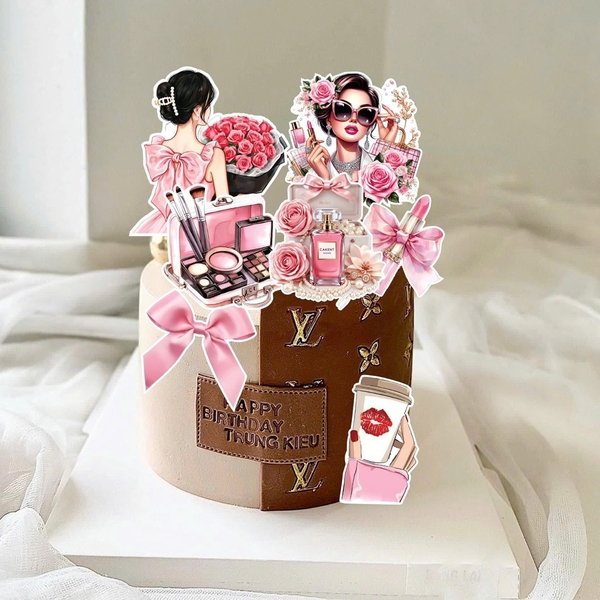 Combo 2 set giấy - cô gái màu hồng, nơ hồng, bộ trang điểm.