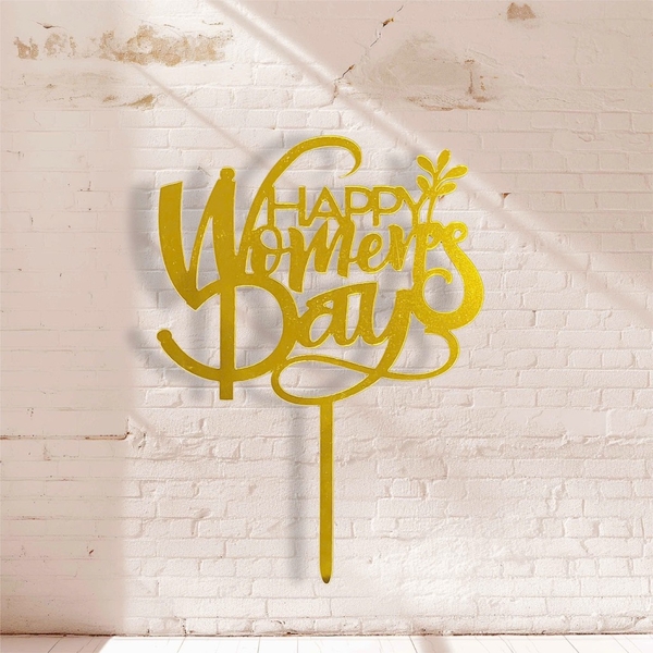 Set 10 mica Happy women's day gắn cành lá ở cuối-VÀNG.