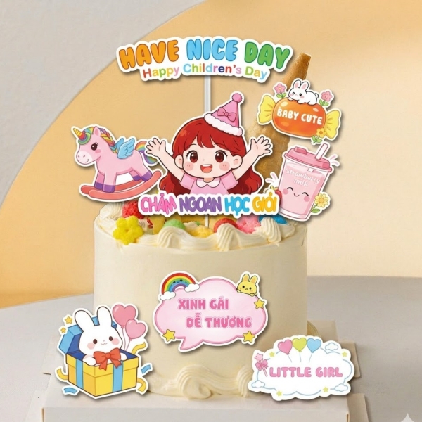 Combo 5 set giấy SX- bé GÁI đội mũ giơ 2 tay (chăm ngoan học giỏi).