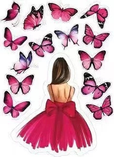 10 set giấy -  cô gái váy hồng đậm và bướm giấy hồng đậm.