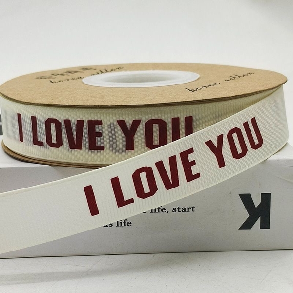 Ruybang thái trắng 2cm x35m- I LOVE YOU chữ in.