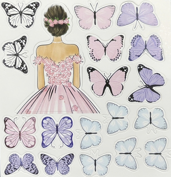10 set giấy -  cô gái váy hồng nhạt và bướm giấy mix hồng tím trắng đen.