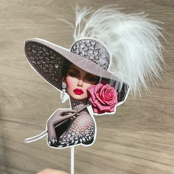 Thẻ cắm cô gái giấy mũ màu ghi -gắn lông màu TRẮNG.