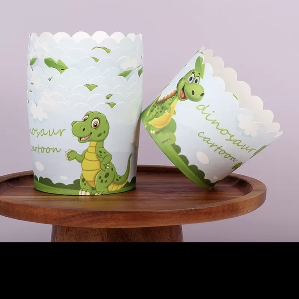 Set 50 cốc cupcake giấy  kt 6x5.5x7cm - màu XANH LÁ (hình khủng long).