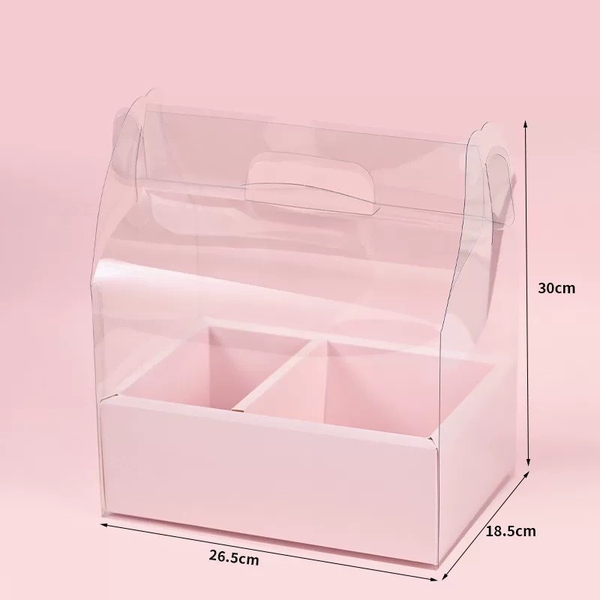 Set 10 hộp mica 2 ngăn có quai xách kèm đế (đk khay đựng bánh 16cm, đk khay hoa 8cm)-MÀU HỒNG.