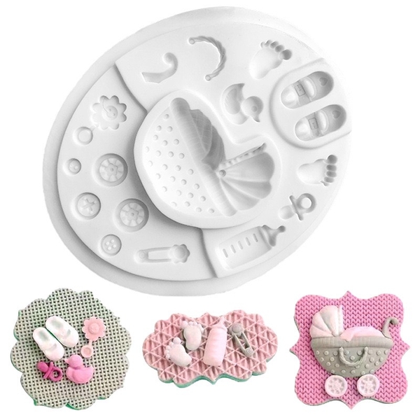 Khuôn silicon hình tròn - xe nôi, bình sữa, bàn chân baby.
