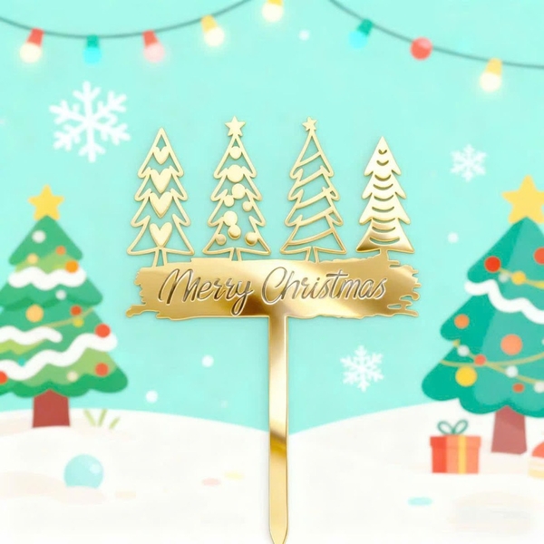 Set 10 Mica merry christmas gắn hình 4 CÂY THÔNG-màu vàng.