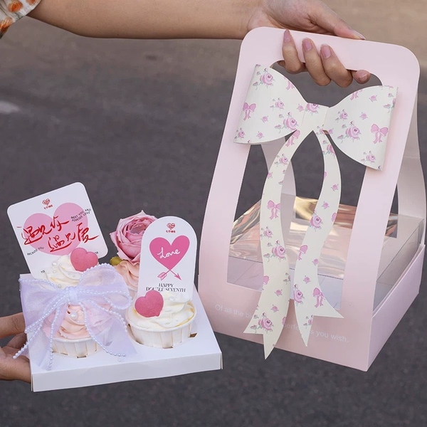 Set 10 hộp cupcake quai xách và nơ-HỒNG.