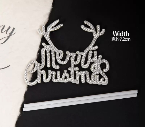 Set 5 cây cắm Merry christmas hình sừng tuần lộc (chữ gắn hạt màu trắng).