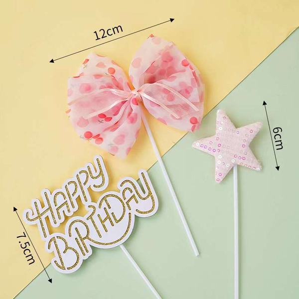 Set 3 chi tiết (nơ vải-ngôi sao vải-chữ HPBD)-HỒNG.