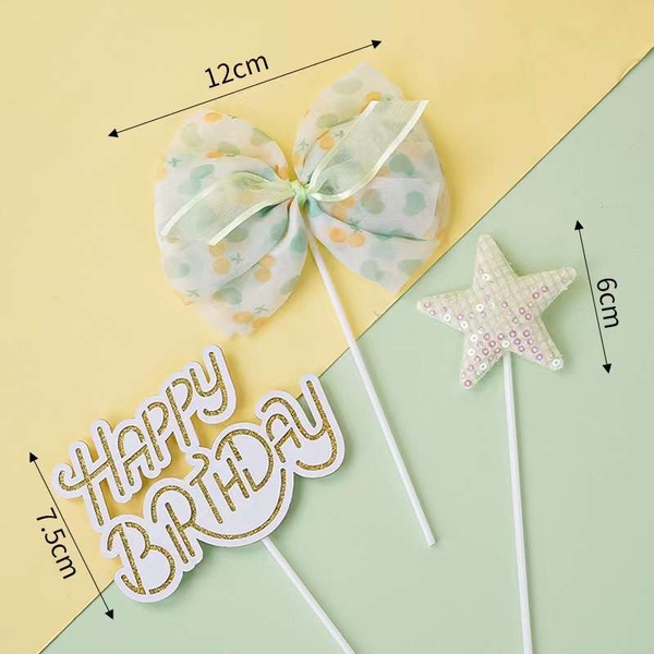 Set 3 chi tiết (nơ vải-ngôi sao vải-chữ HPBD)-XANH.
