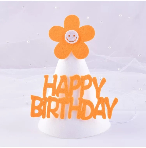 Set 10 mũ sinh nhật vải dạ HPBD TRẮNG-gắn hoa màu cam kt12x14cm.