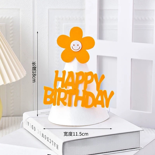 Set 10 mũ sinh nhật vải dạ HPBD TRẮNG-gắn hoa màu cam kt12x14cm.