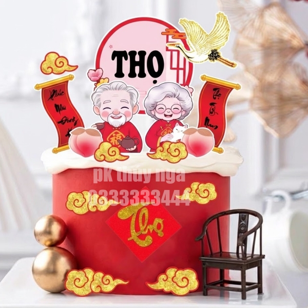 Combo 2 set giấy - ông bà áo đỏ, đào tiên, hạc, chữ Thọ khung tròn (ÉP NHŨ).