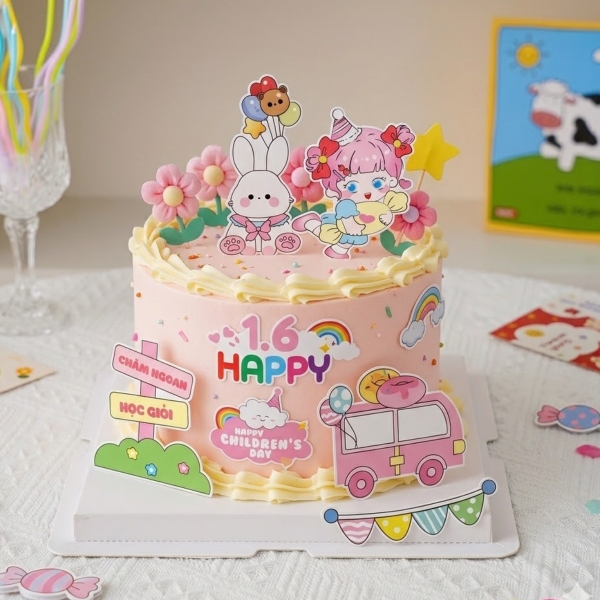 Combo 2 set giấy- bé gái ôm kẹo, xe hồng và thỏ (happy chidren's day).